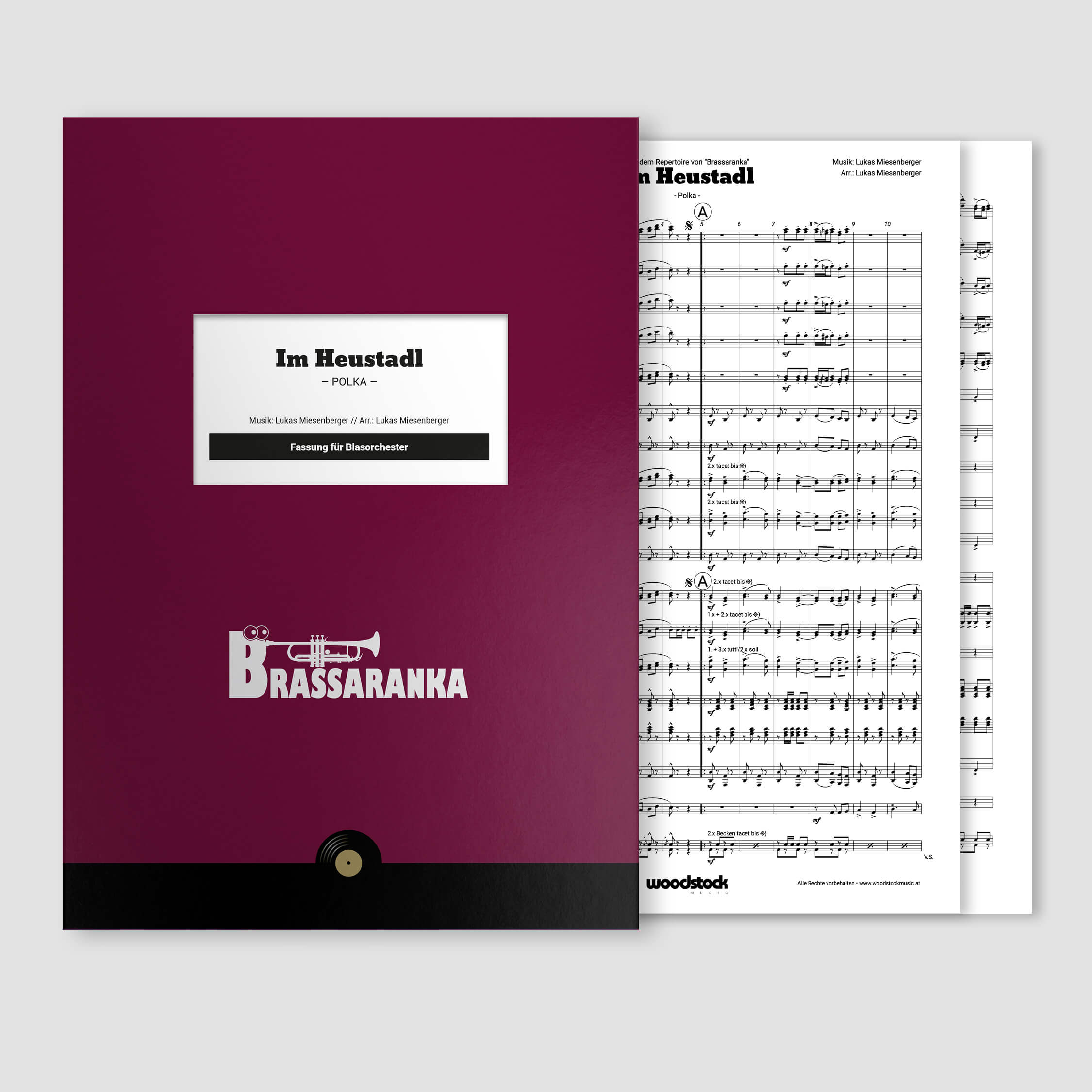 Die Notenmappe und die Original-Noten von "Im Heustadl" von Brassaranka für Blasorchester.