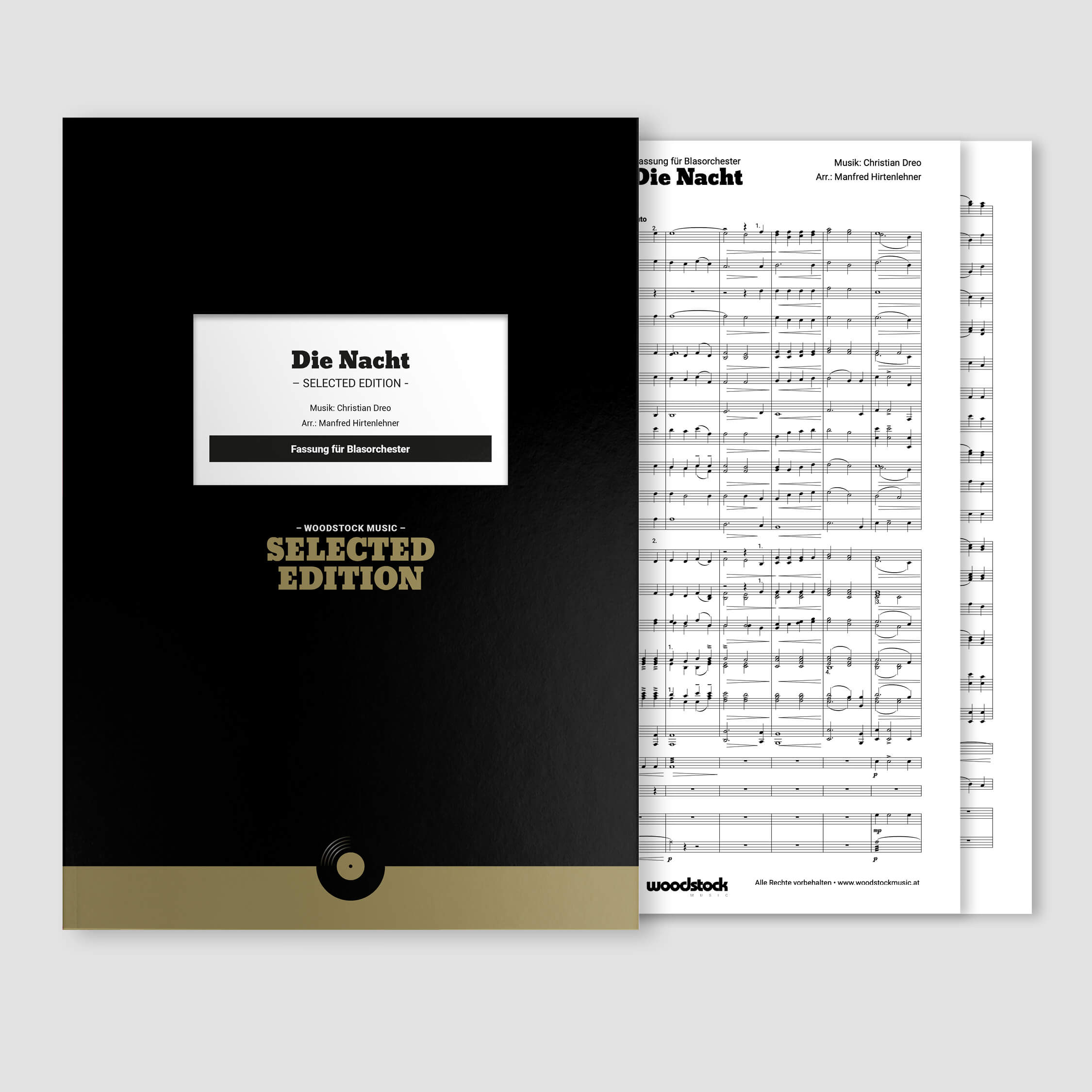 Die Notenmappe und die Original-Noten von "Die Nacht" von Christian Dreo für Blasorchester.