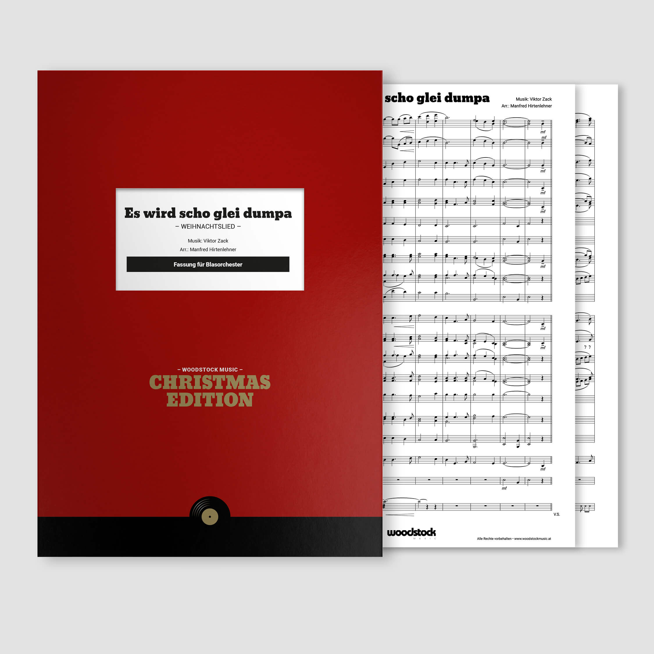 Die Notenmappe und die Noten von "Es wird scho glei dumpa" für Blasorchester