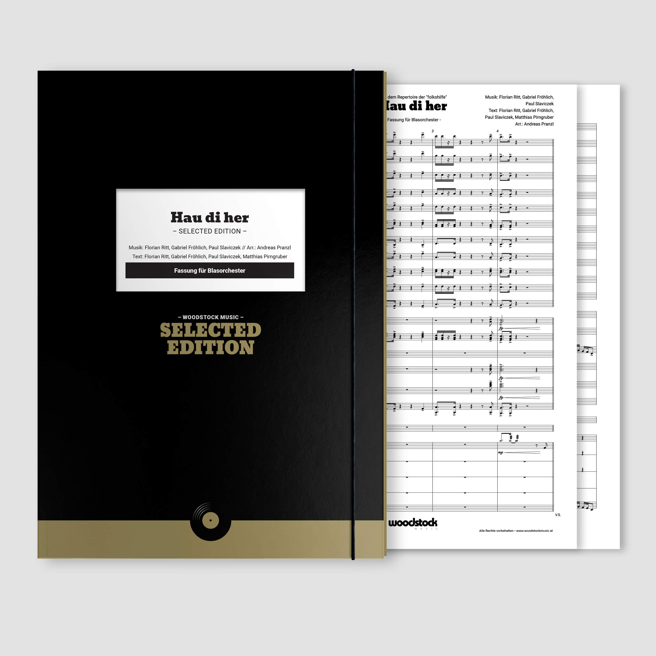 Die Selected Edition Notenmappe und die Original-Noten von "Hau di her" von folkshilfe für Blasorchester
