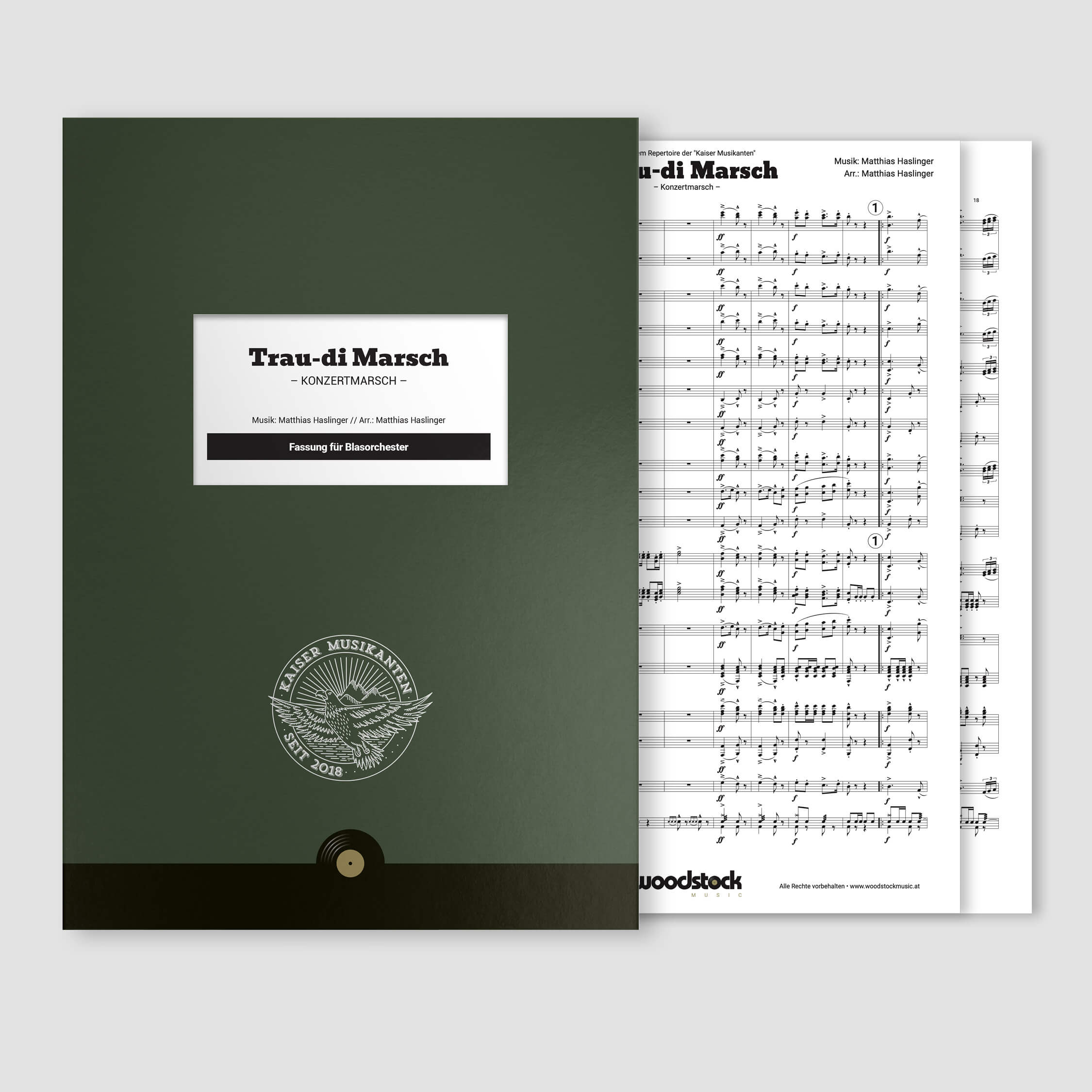 Die Notenmappe und die Original-Noten vom "Trau-di Marsch" von den Kaiser Musikanten für Blasorchester.