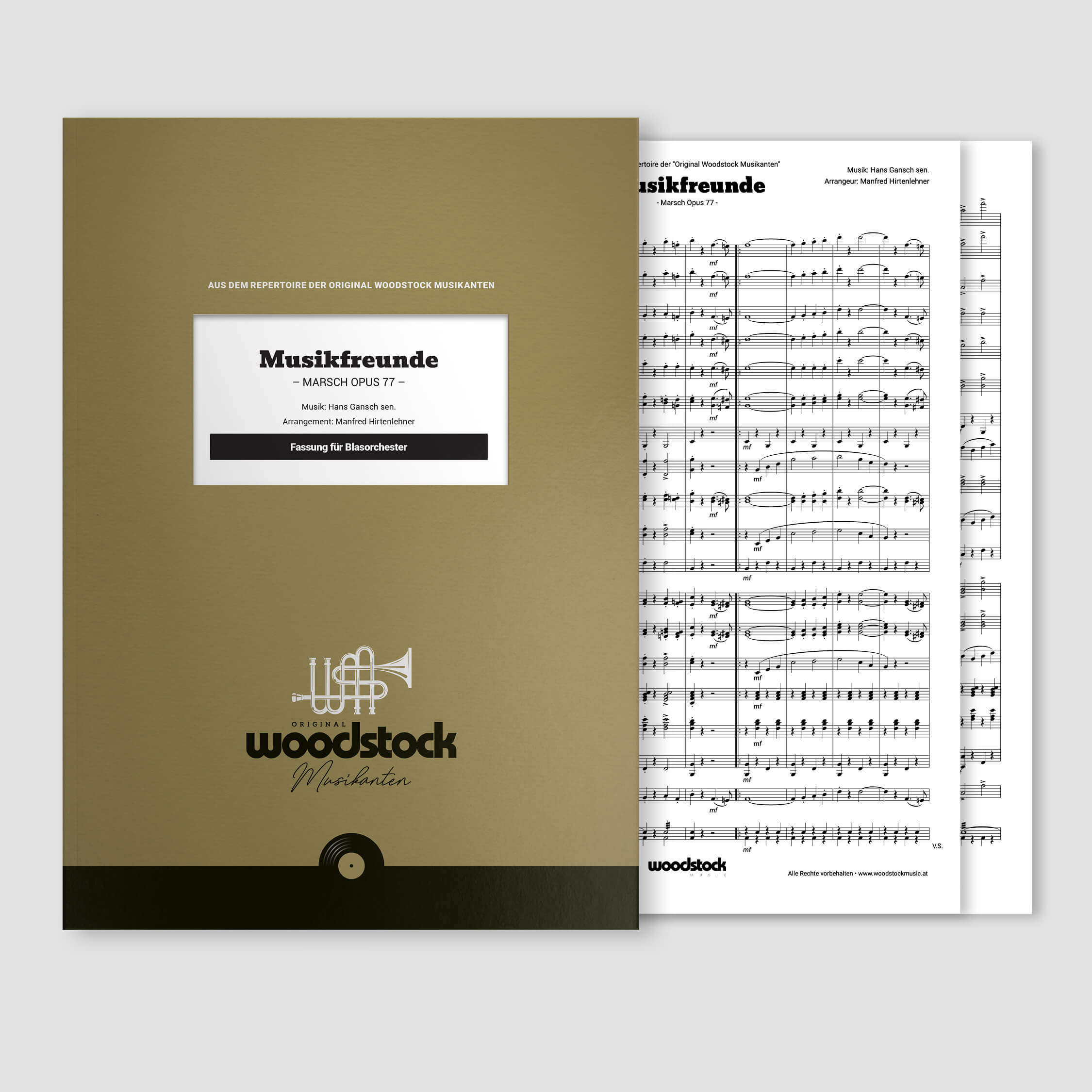 Die Notenmappe und die Original-Noten der „Musikfreunde“ von den Original Woodstock Musikanten für Blasorchester.
