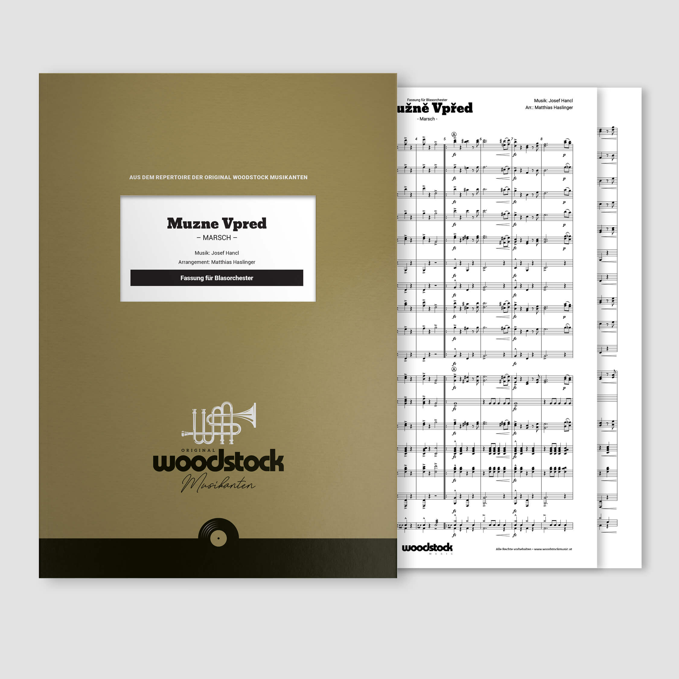 Die Notenmappe und Original-Noten von "Muzne Vpred" von den Original Woodstock Musikanten für Blasorchester.