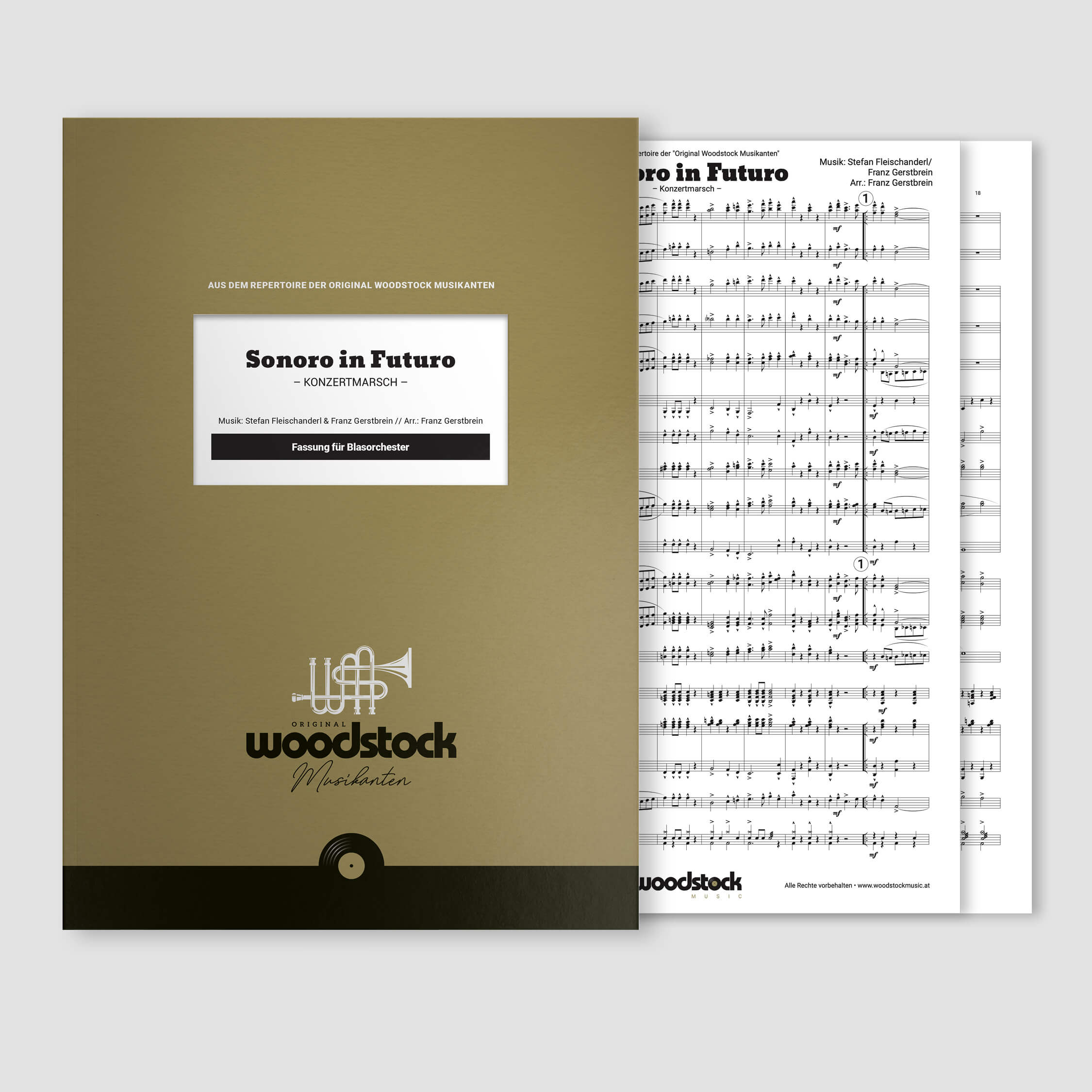 Die Notenmappe und die Original-Noten von „Sonoro in Futuro“ von den Original Woodstock Musikanten für Blasorchester.