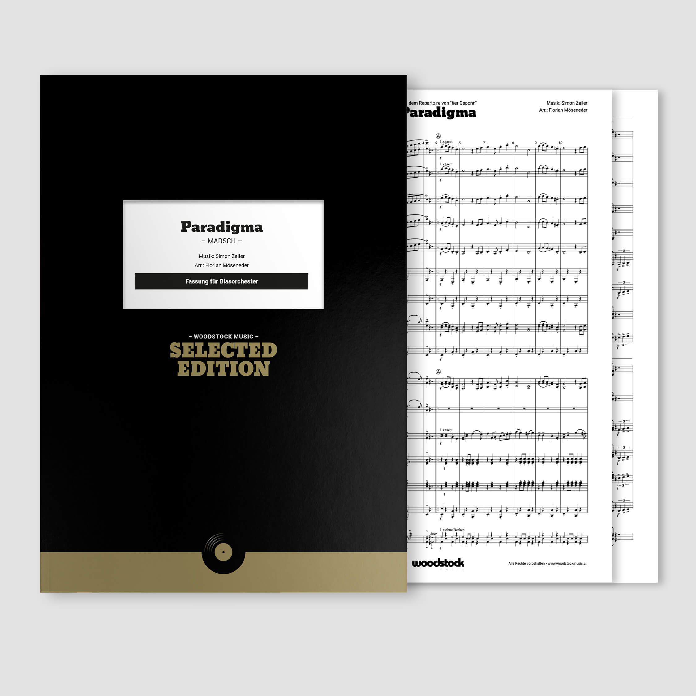 Die Notenmappe und die Original-Noten von "Paradigma" von 6er Gsponn für Blasorchester.