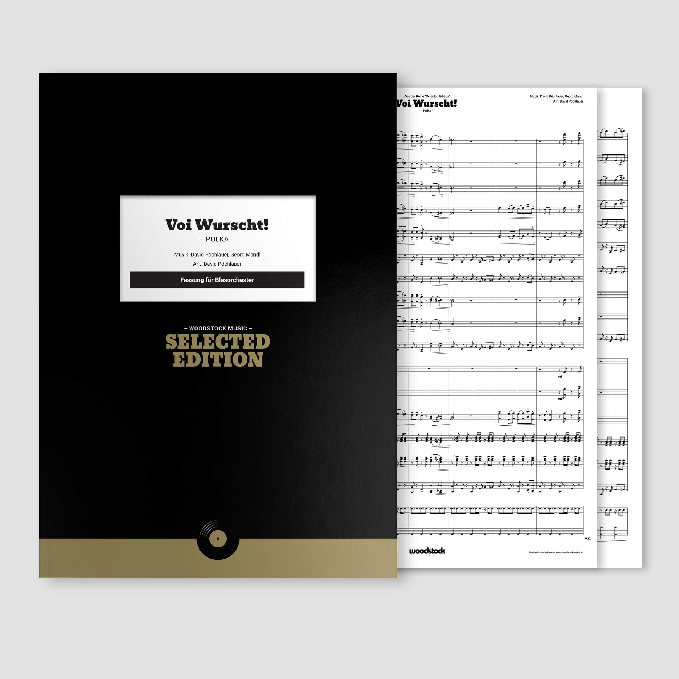 Die Notenmappe und die Original-Noten von "Voi Wurscht!" von David Pöchlauer für Blasorchester.