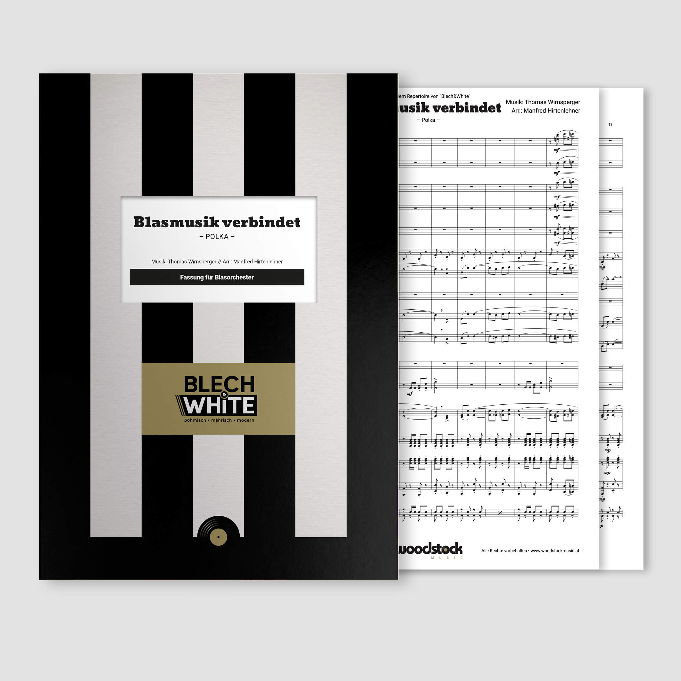 Die Notenmappe und die Original-Noten von "Blasmusik verbindet" von Blech&White für Blasorchester.