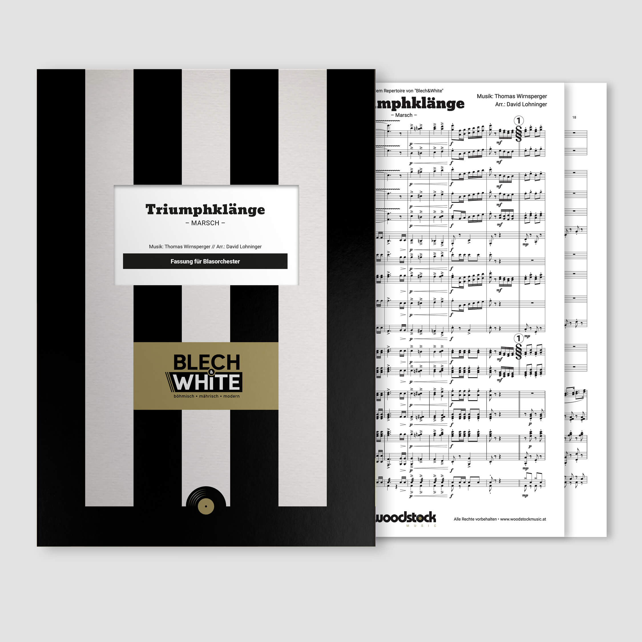 Die Notenmappe und die Original-Noten der "Triumphklänge" von Blech&White für Blasorchester.