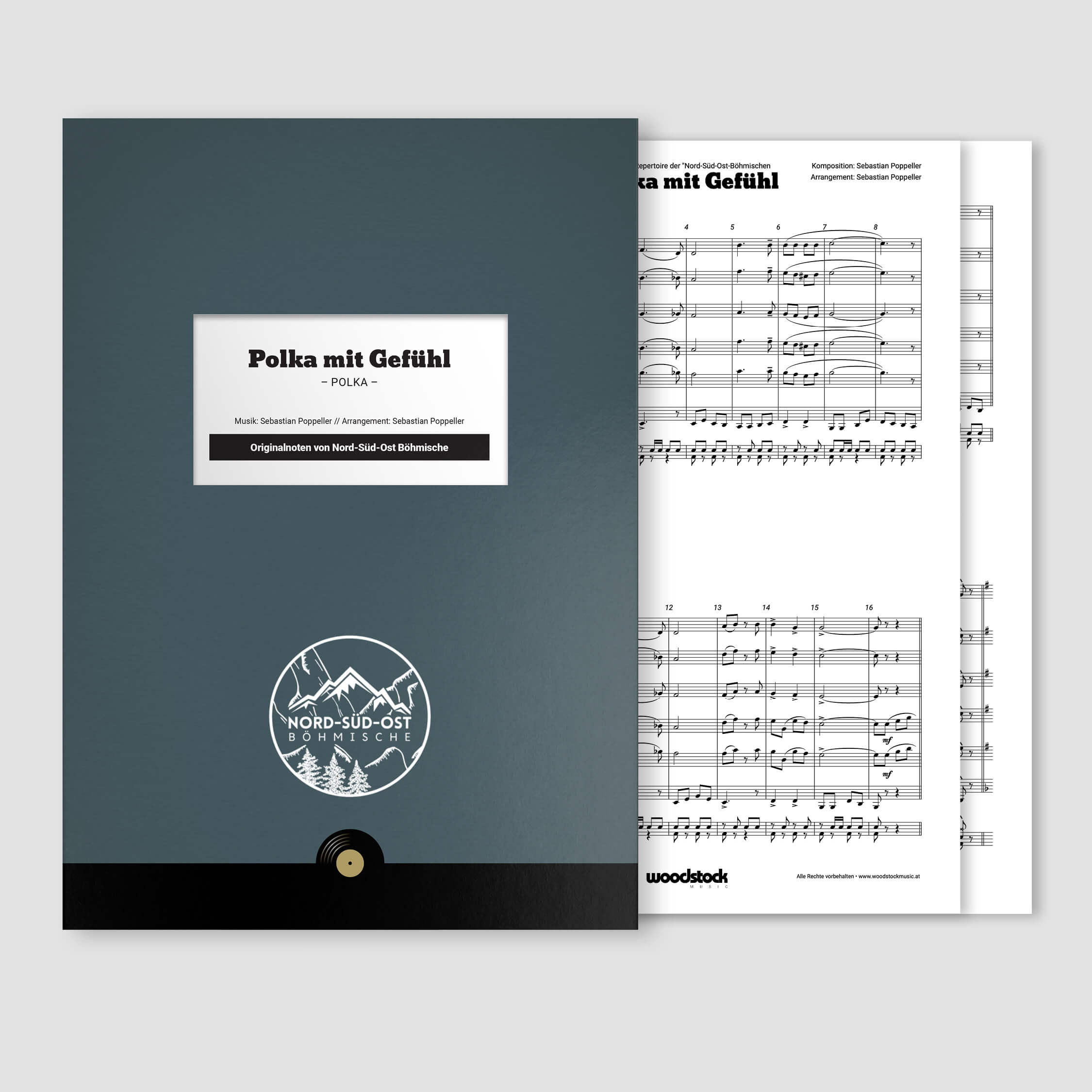 Die Notenmappe und die Original-Noten der "Polka mit Gefühl" von der Nord-Süd-Ost Böhmischen für Originalbesetzung.
