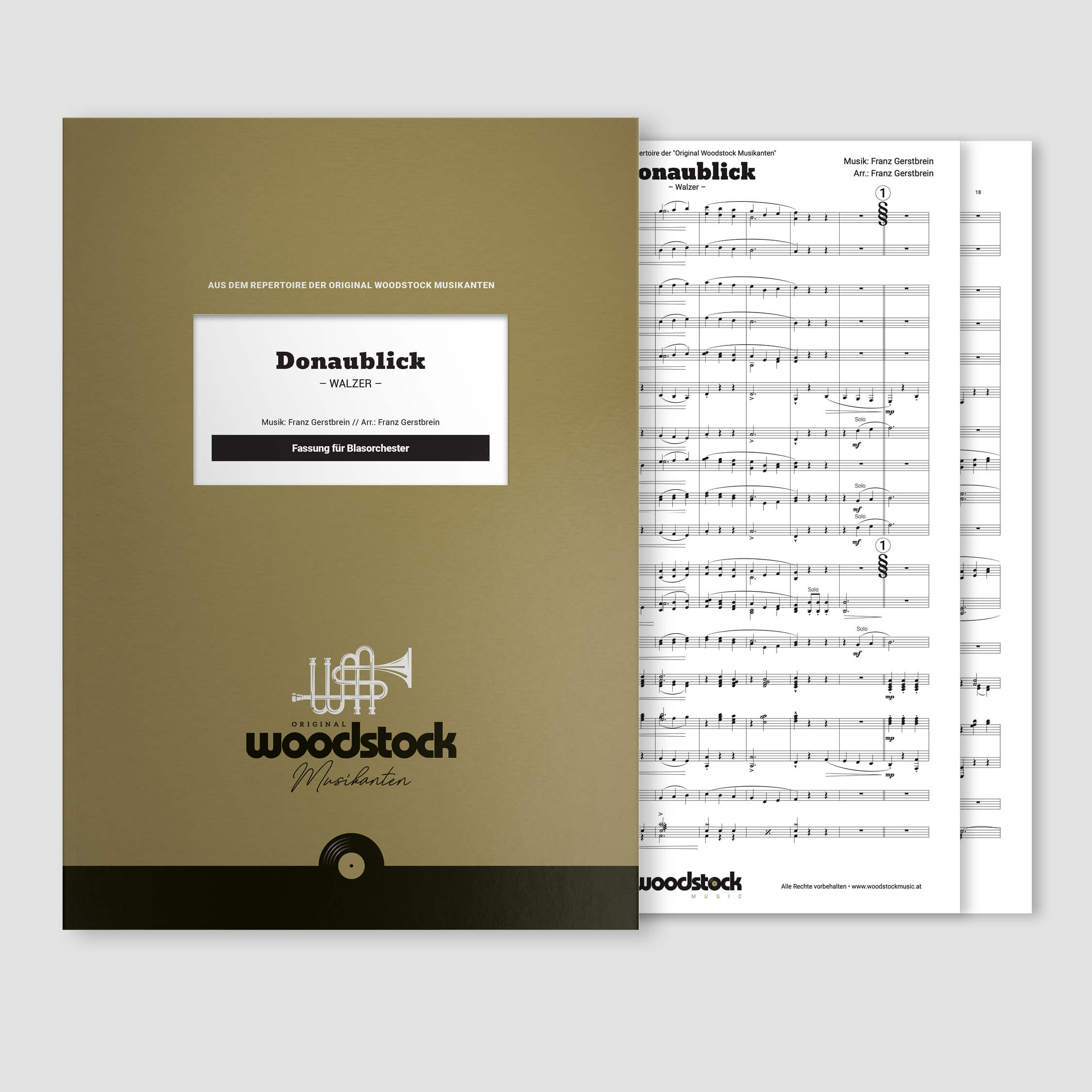 Die Notenmappe und die Original-Noten vom „Donaublick“ von den Original Woodstock Musikanten für Blasorchester.