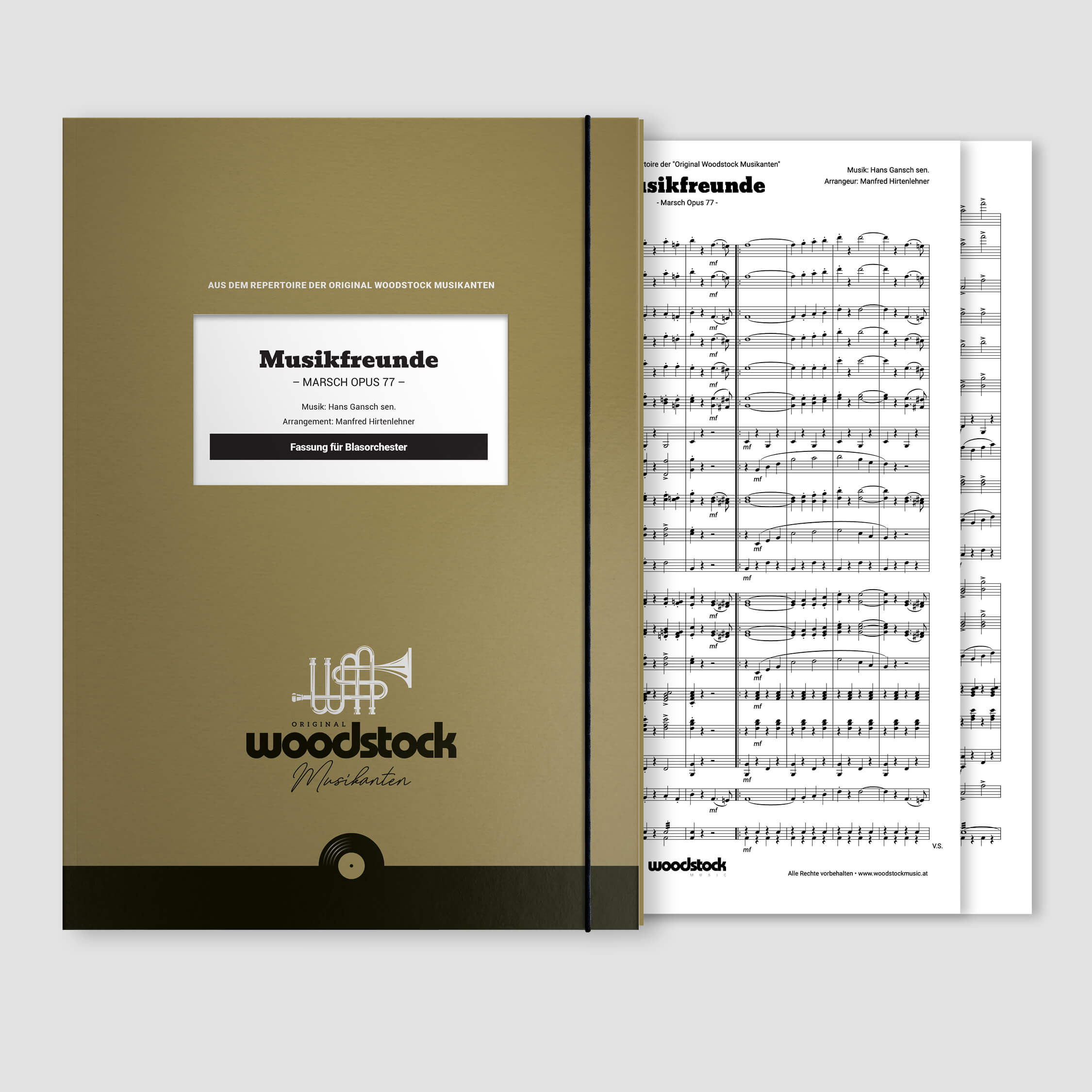 Die Notenmappe und die Original-Noten von "Musikfreunde" der Original Woodstock Musikanten für Blasorchester.
