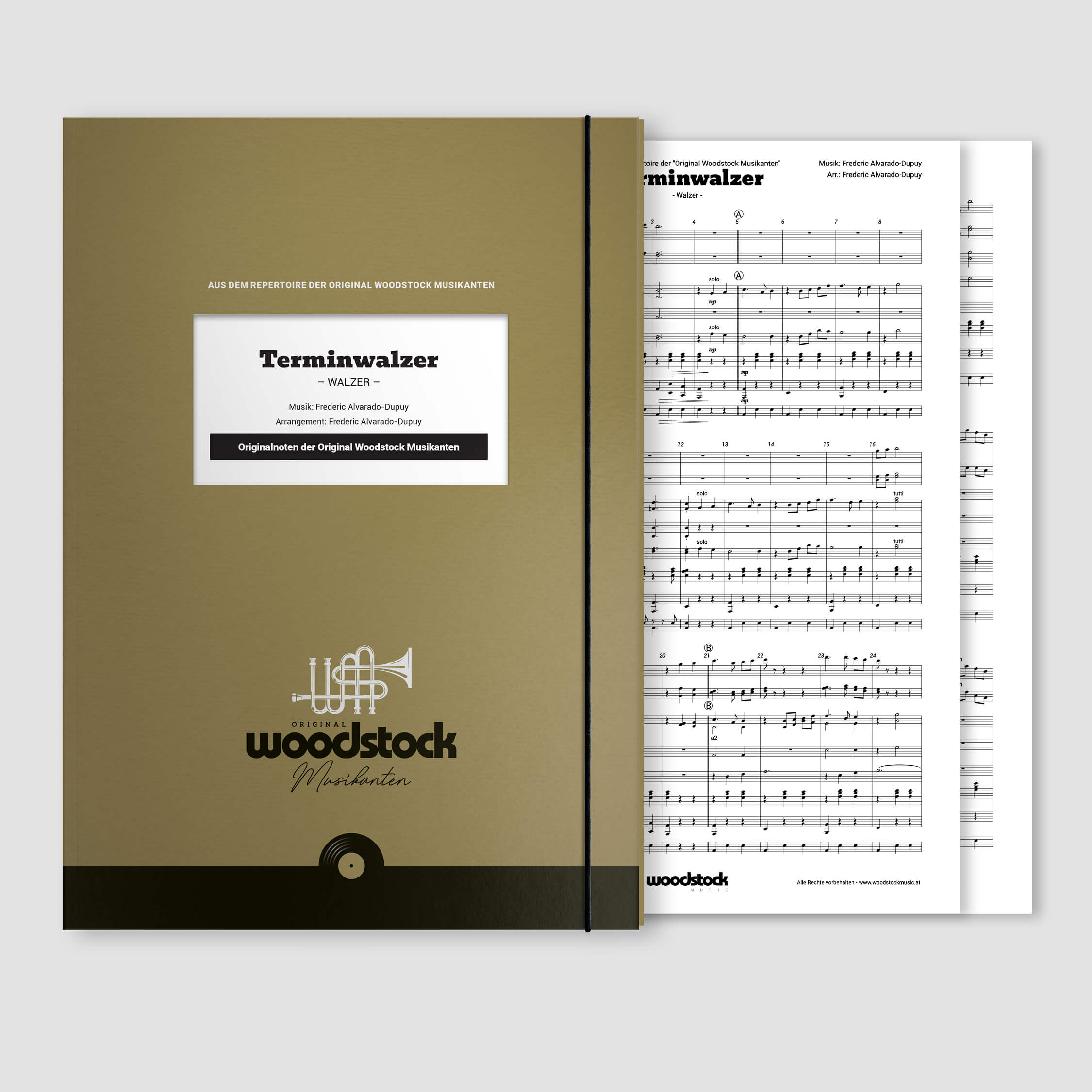 Die Notenmappe und die Original-Noten vom "Terminwalzer" der Original Woodstock Musikanten für Originalbesetzung.